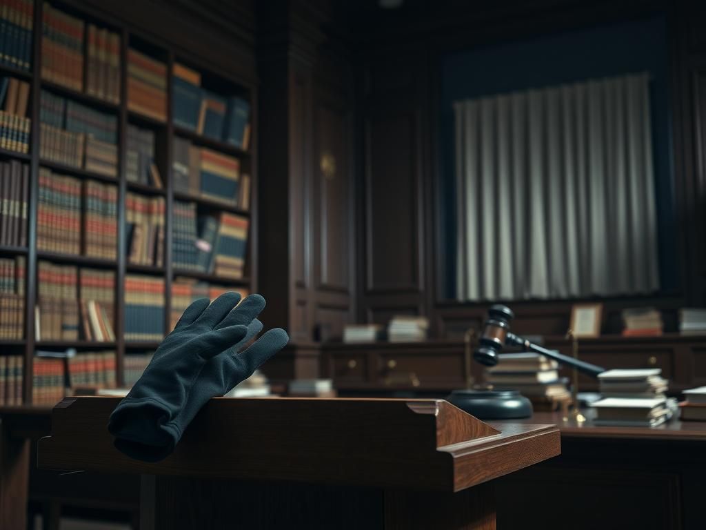 Flick International Dramatic courtroom scene with empty podium and gloves