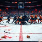 Flick International Intense ice hockey scene showing aftermath of brawl during Panthers vs. Oilers game