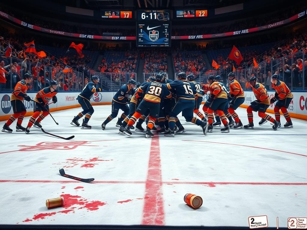 Flick International Intense ice hockey scene showing aftermath of brawl during Panthers vs. Oilers game