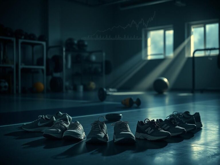 Flick International A circular arrangement of worn athletic shoes on a gym floor, symbolizing the journeys of athletes.
