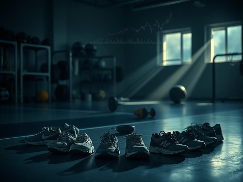 Flick International A circular arrangement of worn athletic shoes on a gym floor, symbolizing the journeys of athletes.