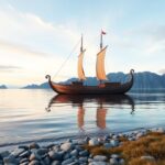 Flick International Viking ship replica sailing on calm Arctic waters with Norwegian coastline in background