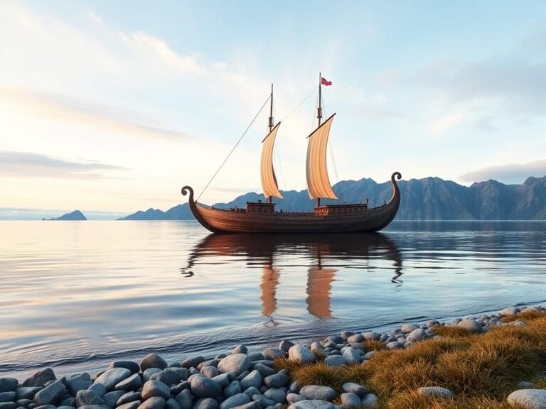 Flick International Viking ship replica sailing on calm Arctic waters with Norwegian coastline in background