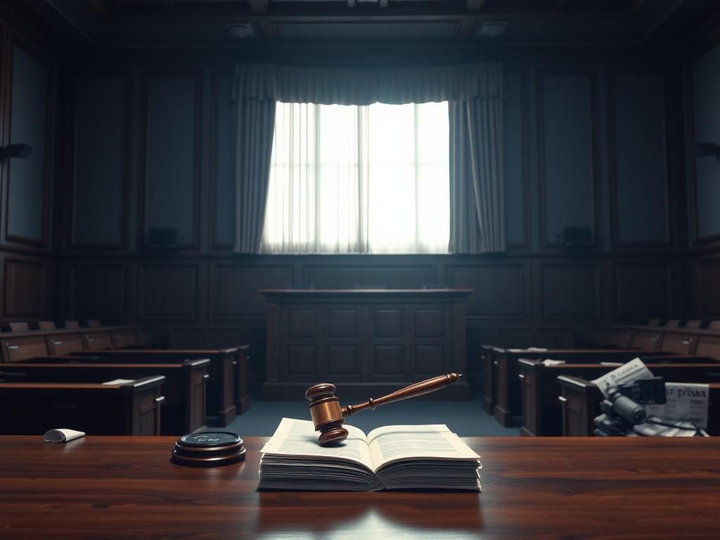 Flick International Dimly lit courtroom with gavel and legal documents