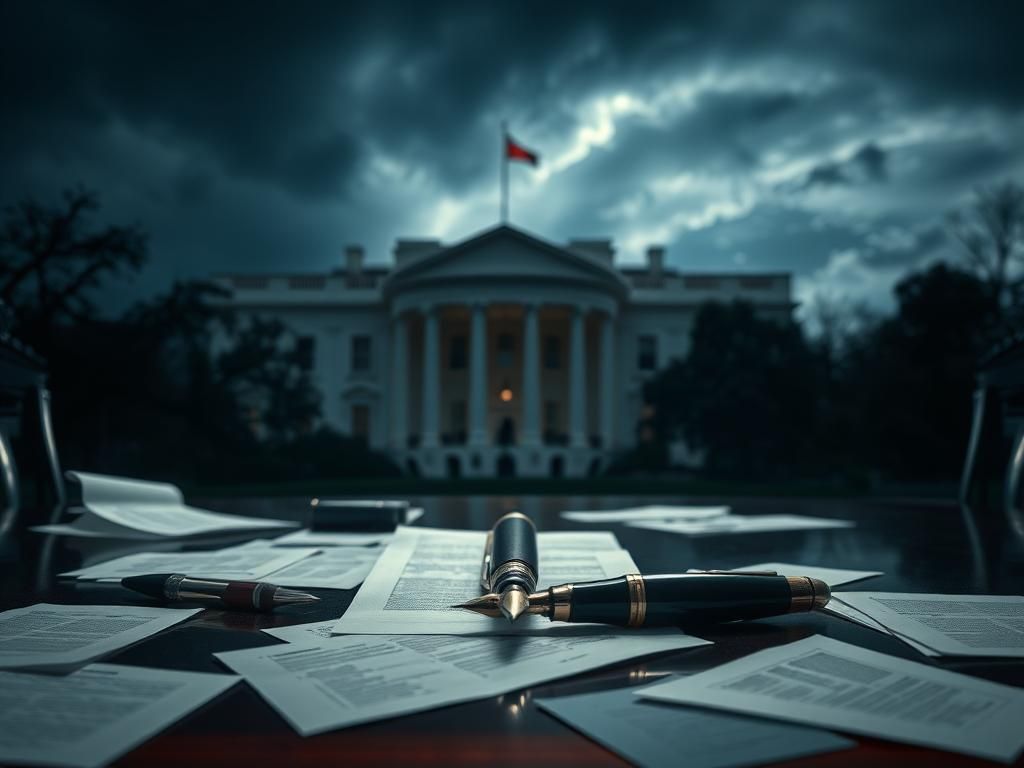 Flick International Vintage autopen on polished desk amidst scattered papers, symbolizing political secrets