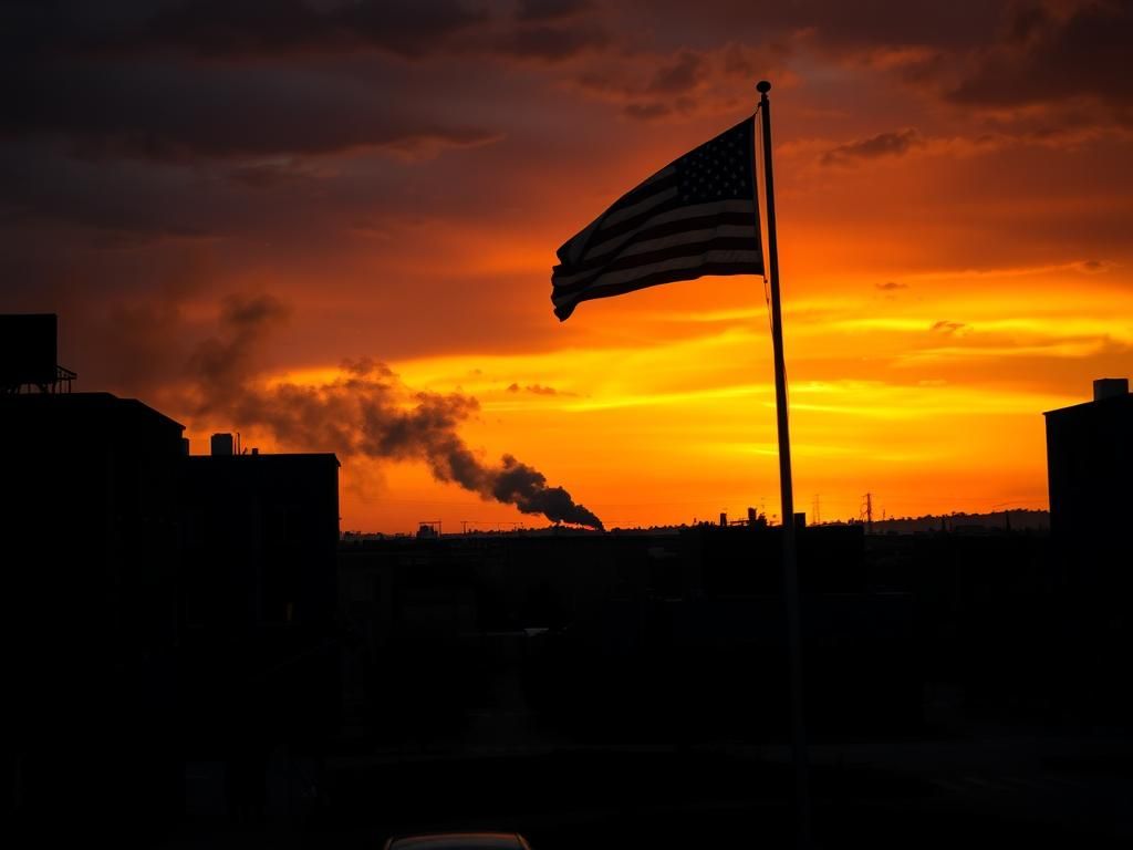 Flick International Dramatic sunset over a cityscape with silhouettes of urban buildings, reflecting tension and unrest