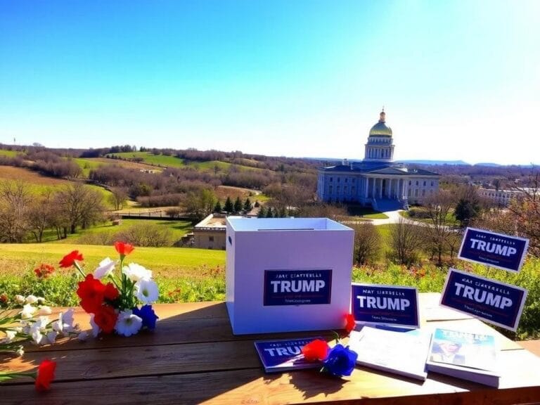 Flick International A tranquil New Jersey spring landscape featuring an empty ballot box surrounded by campaign materials.