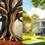 Flick International Split image showcasing a weathered oak tree representing Prince Harry's past and a vibrant Californian landscape symbolizing Meghan Markle's ambitious future
