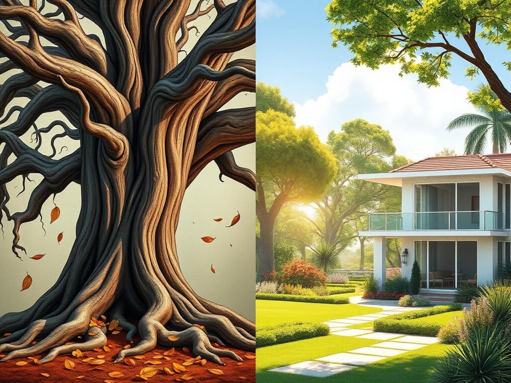 Flick International Split image showcasing a weathered oak tree representing Prince Harry's past and a vibrant Californian landscape symbolizing Meghan Markle's ambitious future