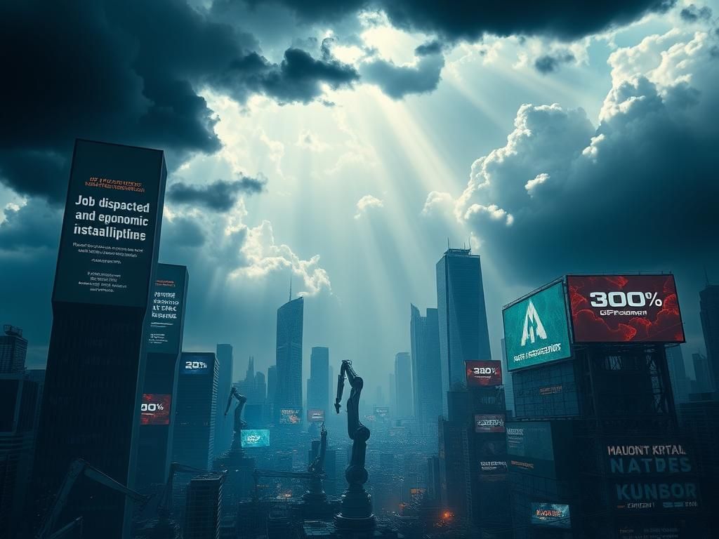 Flick International Chaotic cityscape depicting the impact of AI on job displacement and economy