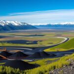 Flick International Panoramic view of the Alaskan landscape featuring coal mining operations and snow-capped mountains