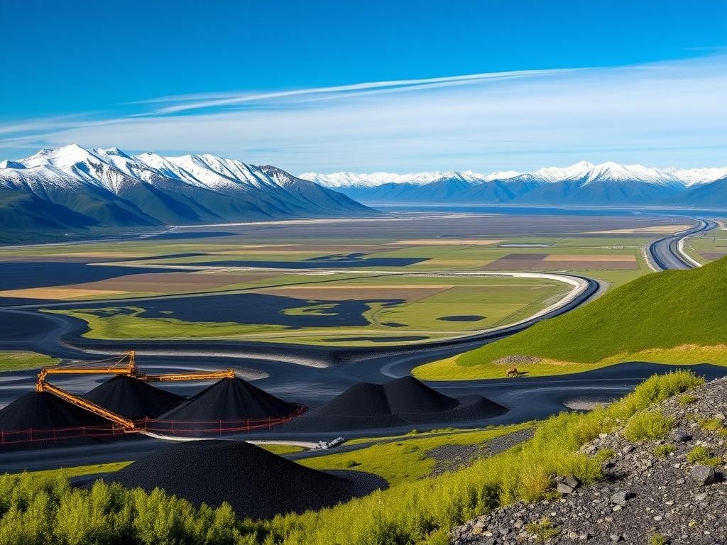 Flick International Panoramic view of the Alaskan landscape featuring coal mining operations and snow-capped mountains