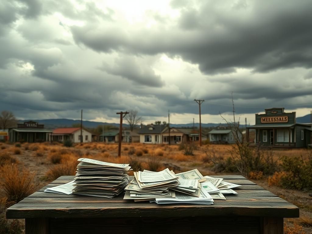 Flick International A somber rural American town under an overcast sky representing the burden of national debt