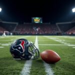 Flick International Football field scene with Nick Chubb's Texans helmet and a scuffed football