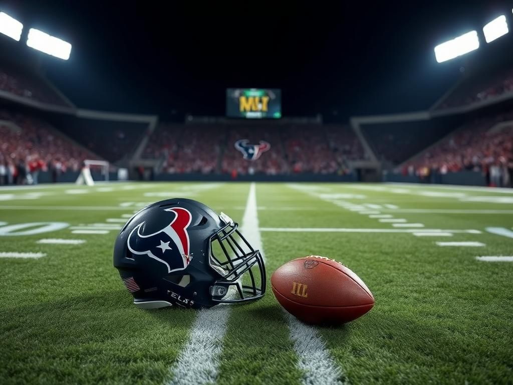 Flick International Football field scene with Nick Chubb's Texans helmet and a scuffed football