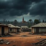 Flick International Desolate village in Nigeria showing aftermath of violent attack with abandoned houses and debris
