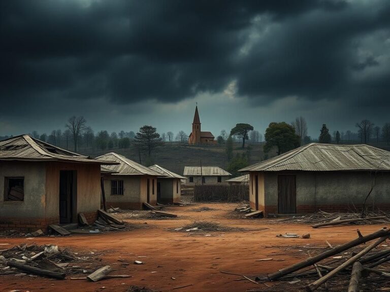 Flick International Desolate village in Nigeria showing aftermath of violent attack with abandoned houses and debris