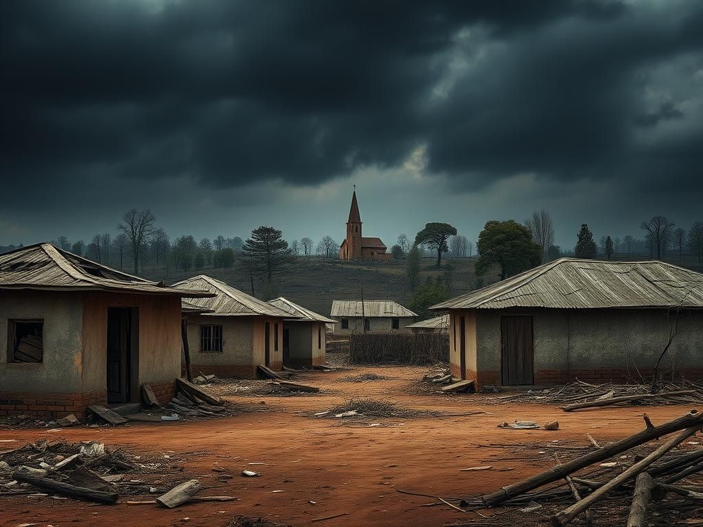 Flick International Desolate village in Nigeria showing aftermath of violent attack with abandoned houses and debris