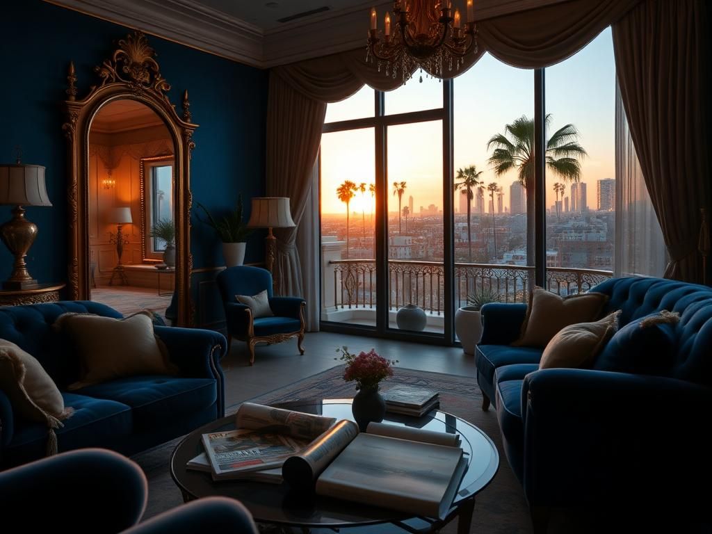 Flick International Luxurious interior of a high-end Hollywood mansion featuring elegant decor and rich textures