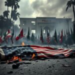 Flick International Charred American flag symbolizing turmoil during immigration protest in Los Angeles