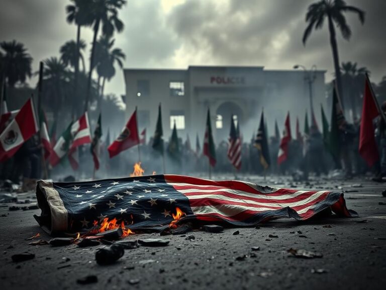 Flick International Charred American flag symbolizing turmoil during immigration protest in Los Angeles