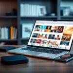 Flick International A serene workspace with a modern laptop, external hard drive, and smartphone displaying vibrant photo thumbnails.