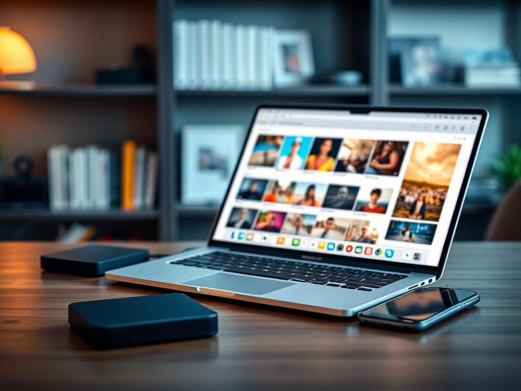 Flick International A serene workspace with a modern laptop, external hard drive, and smartphone displaying vibrant photo thumbnails.