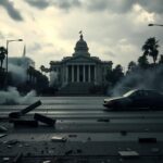 Flick International Dramatic urban scene of unrest in Los Angeles with shattered glass and protest debris.