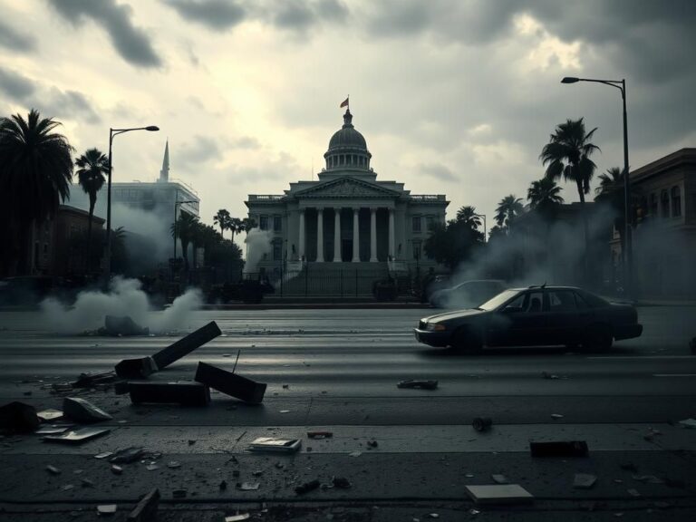 Flick International Dramatic urban scene of unrest in Los Angeles with shattered glass and protest debris.