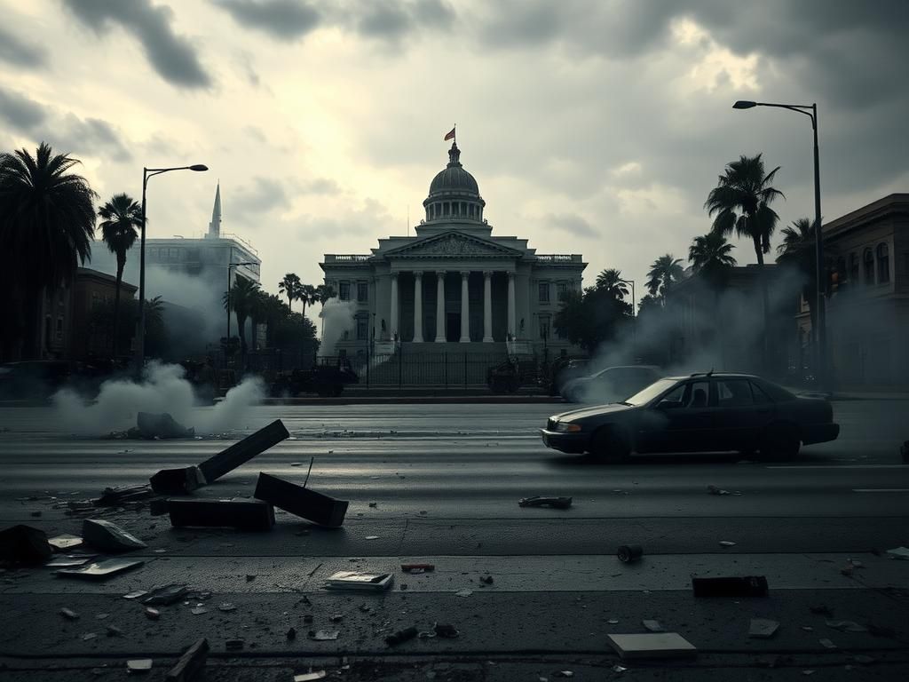 Flick International Dramatic urban scene of unrest in Los Angeles with shattered glass and protest debris.