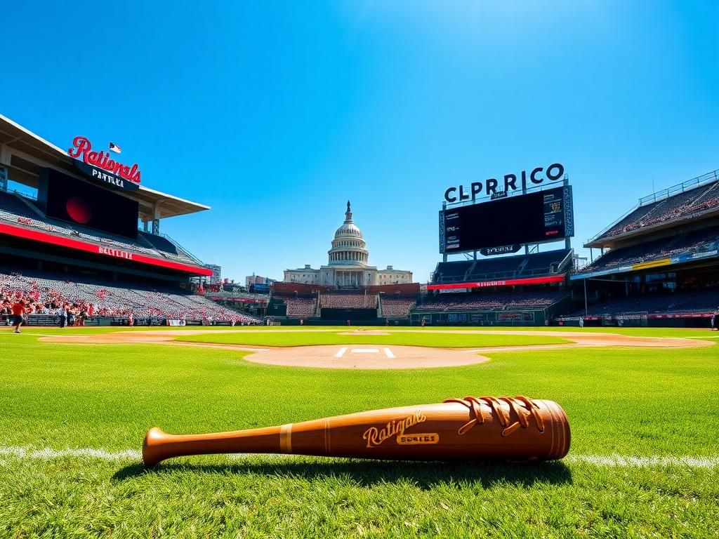 Flick International A vibrant baseball diamond at Nationals Park with a baseball bat and glove in the foreground.