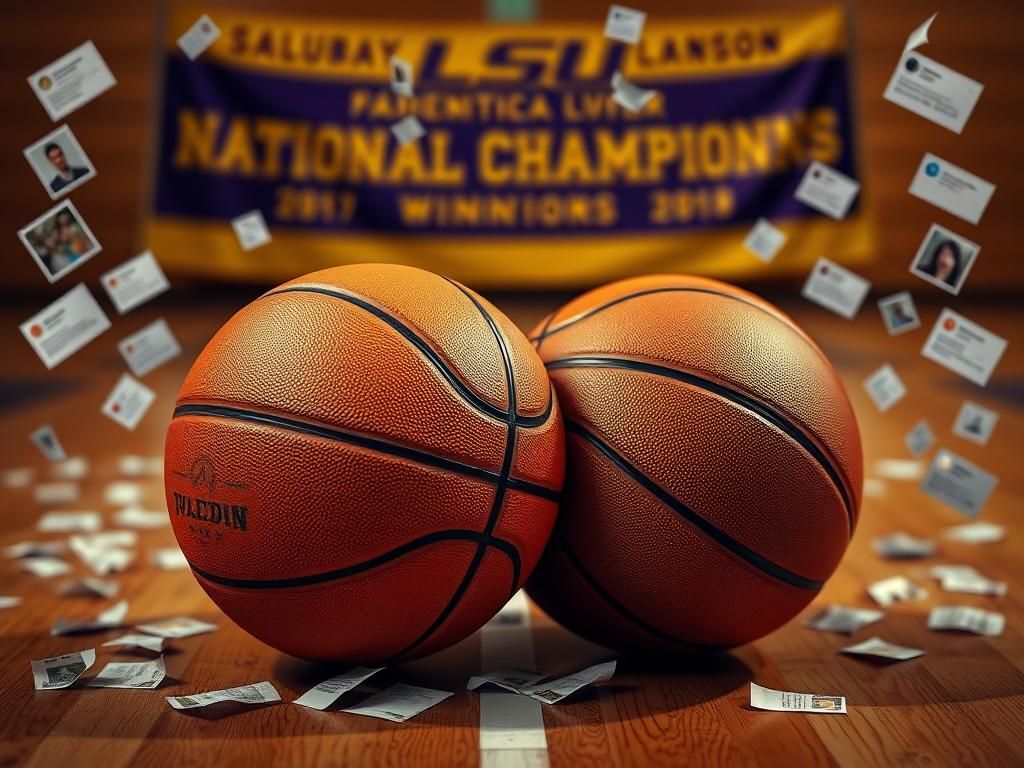 Flick International Two intertwined basketballs on a wooden court symbolizing the relationship between Flau'jae Johnson and Angel Reese