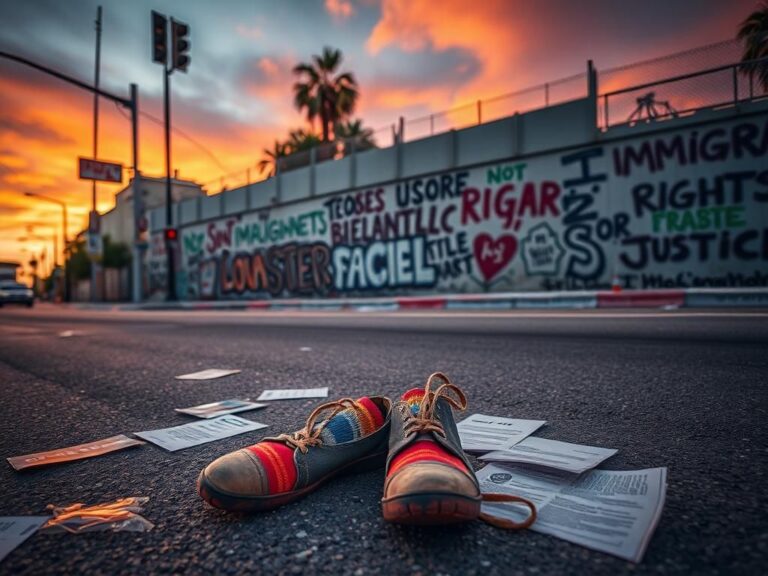 Flick International Empty urban street in Los Angeles with graffiti advocating for immigrant rights and social justice