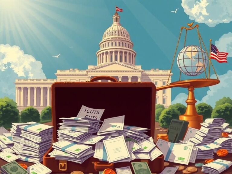 Flick International Illustration of a government building with overflowing briefcase symbolizing wasteful spending and a scale tipping towards budget cuts