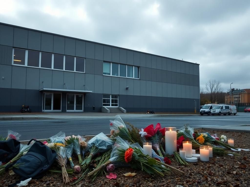 Flick International Exterior view of a modern high school in Graz, Austria, showing signs of tragedy and mourning.