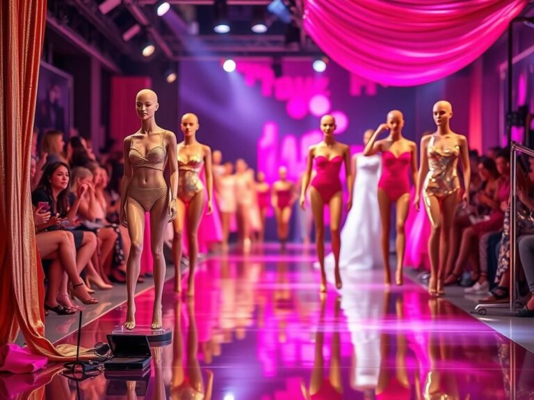 Flick International A vibrant runway scene featuring mannequins in stylish swimwear under shimmering lights