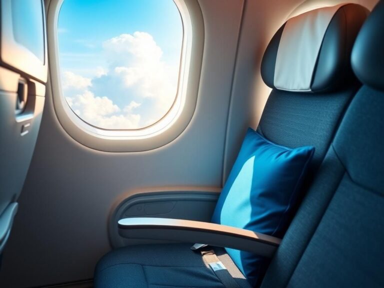 Flick International Close-up of a plush airplane window seat with blue cushion and sunlit view of clouds