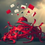 Flick International Conceptual artwork showing a large stack of red tape tangled around a government building, symbolizing bureaucracy and inefficiency.