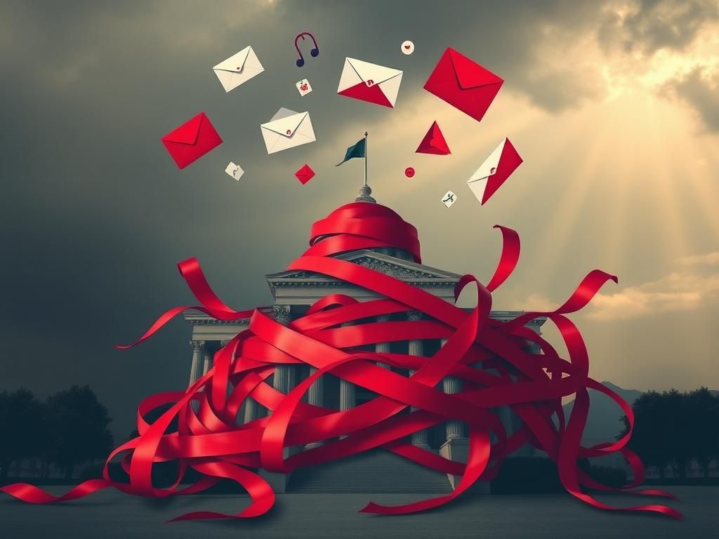 Flick International Conceptual artwork showing a large stack of red tape tangled around a government building, symbolizing bureaucracy and inefficiency.