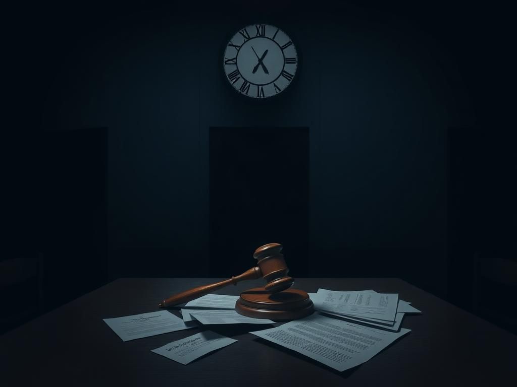 Flick International An abstract representation of a courtroom interior with a gavel symbolizing justice