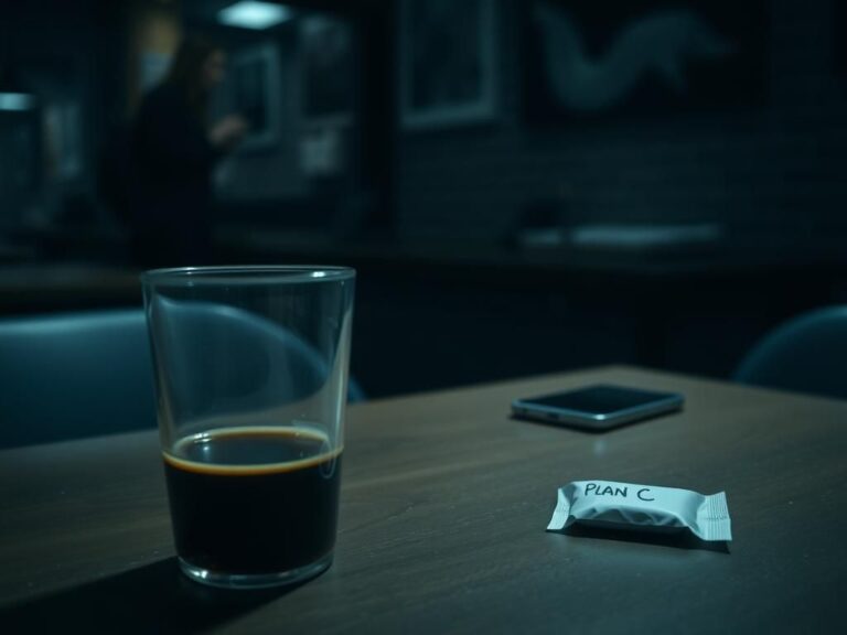 Flick International Dark coffee shop setting with an empty table and half-full beverage cup, implying recent tension.