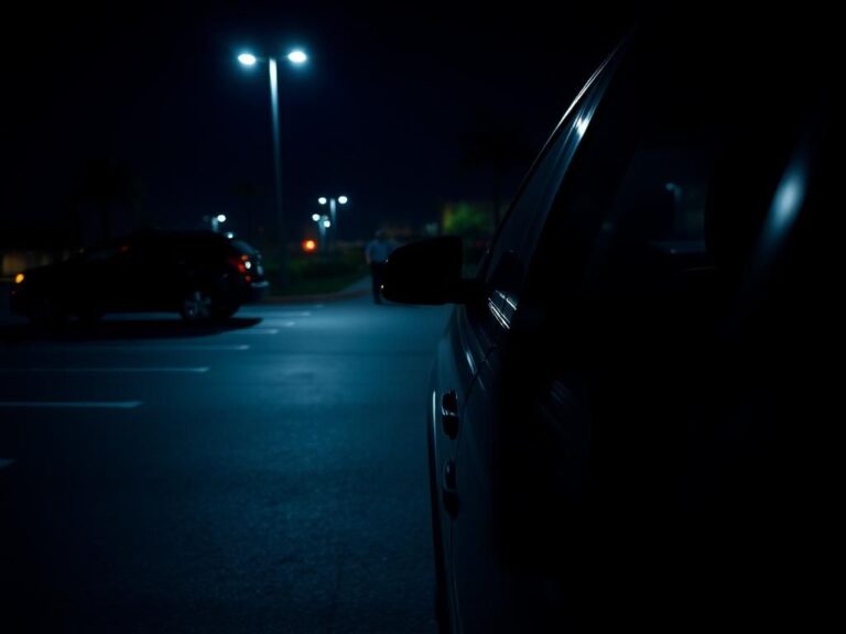 Flick International Dark parking lot at night with a semiautomatic Glock 19 on the passenger seat
