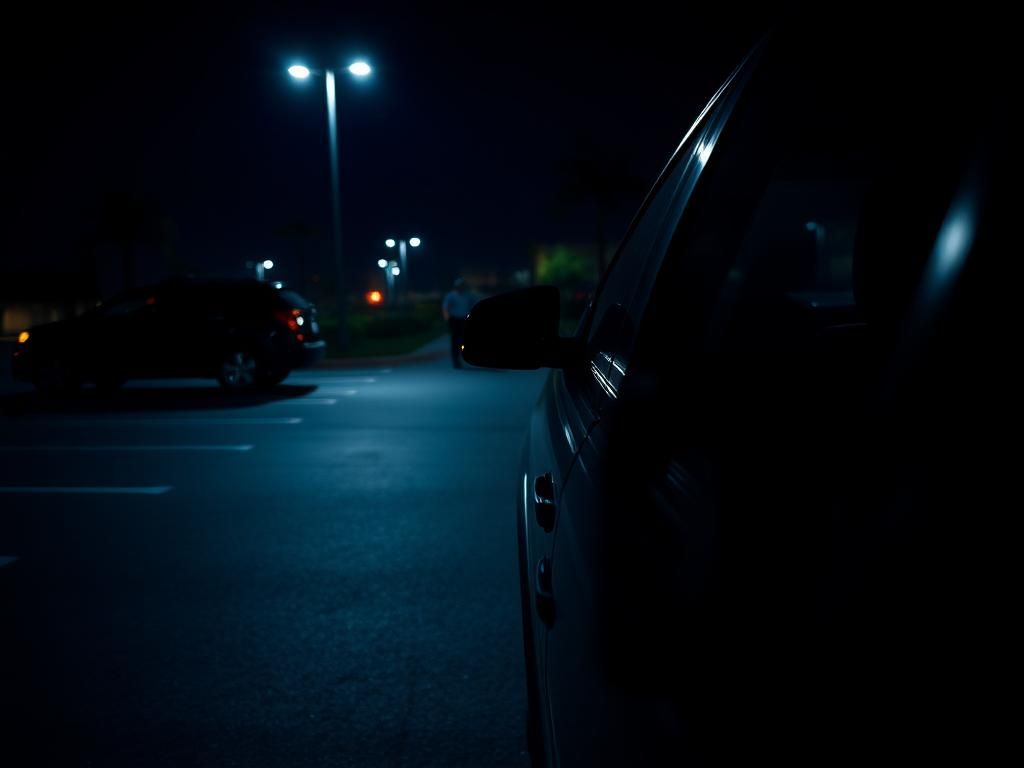 Flick International Dark parking lot at night with a semiautomatic Glock 19 on the passenger seat