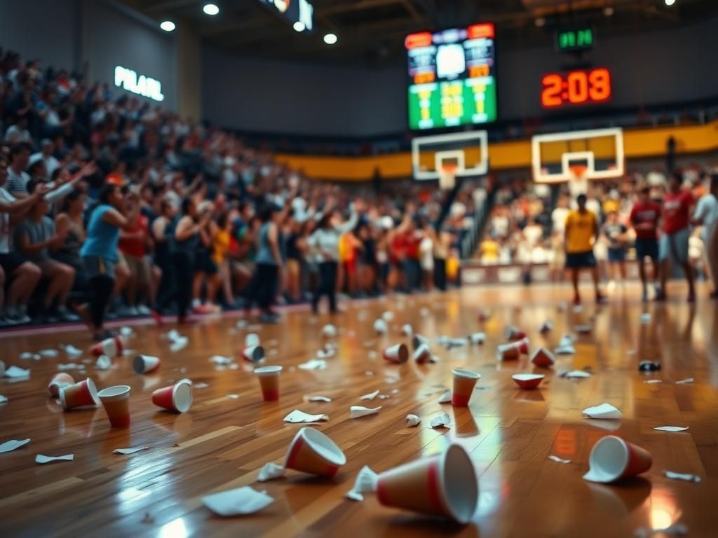 Flick International Scene capturing the chaotic atmosphere at a basketball game in Puerto Rico, with scattered debris on the court.