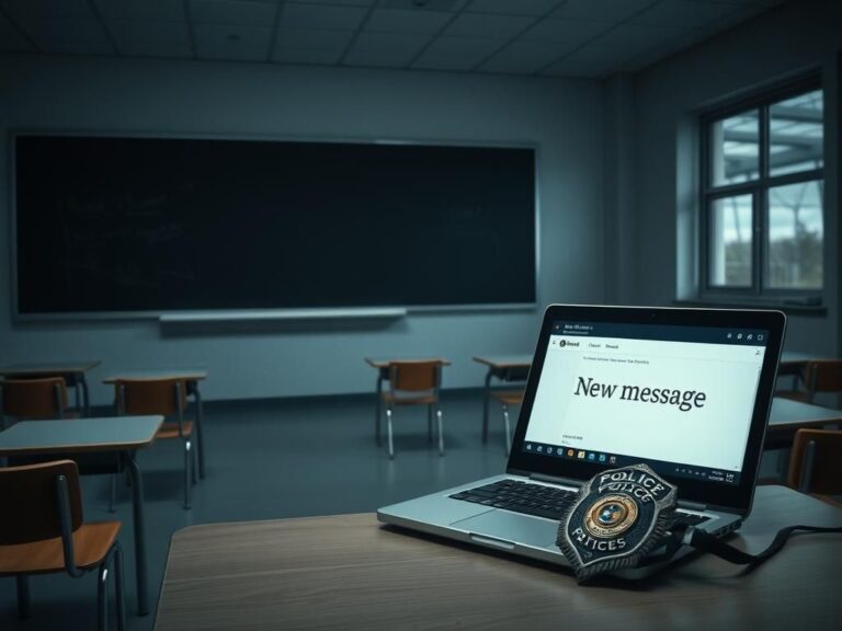 Flick International Dimly lit high school classroom with scattered desks and a police badge on the desk
