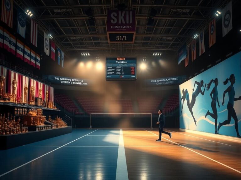 Flick International Dramatic scene showcasing a divided sports arena illustrating women's sports and transgender athletes
