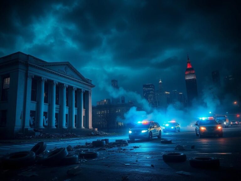 Flick International A nighttime scene depicting chaos with a damaged federal building, reflecting the aftermath of a riot involving ICE agents.