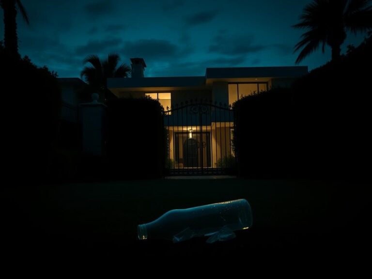 Flick International Dark, moody exterior of a luxurious Los Angeles home at twilight with a shattered glass bottle in foreground