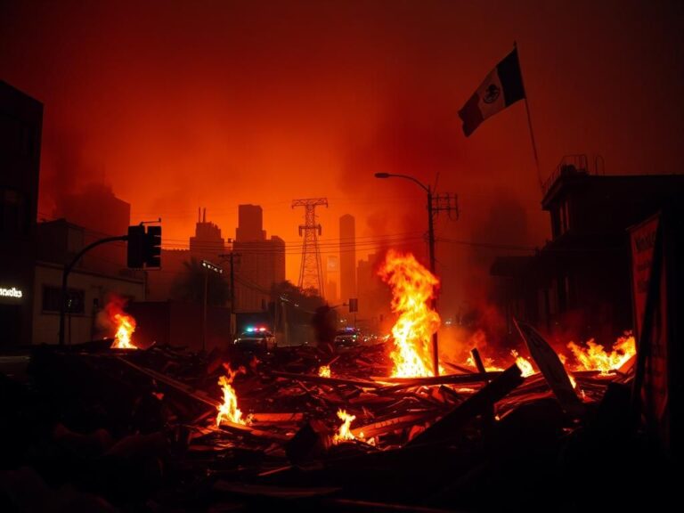Flick International Chaotic urban scene during Los Angeles riots with flames and smoke