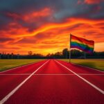 Flick International A dynamic scene of a 400-meter racing track at sunset with a finish line and blurred motion of an athlete crossing it.